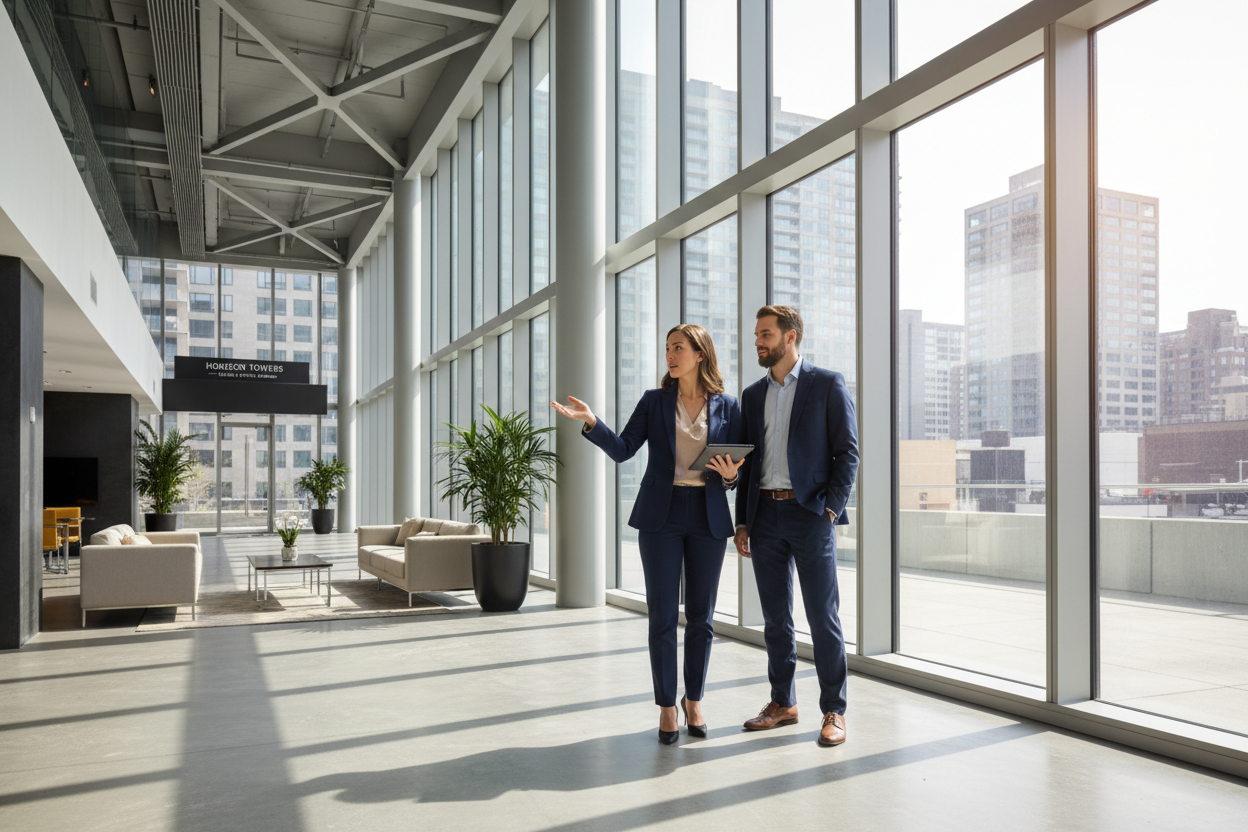 Real estate broker showing commercial property